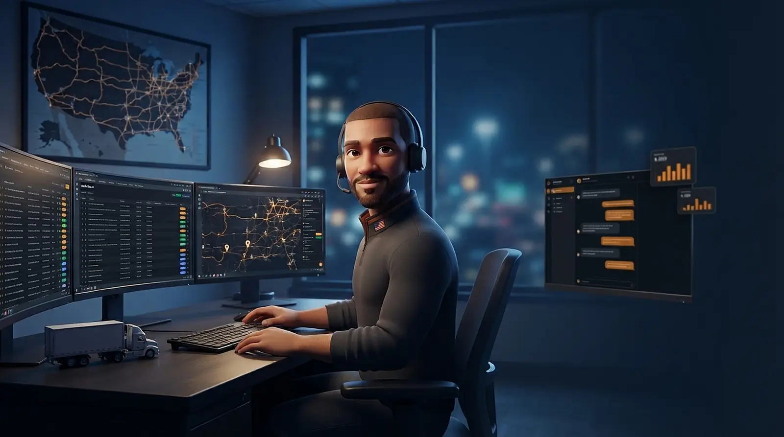 A dispatch desk at 2 a.m. — the loads board, the trip detail and the live route map open across three screens
