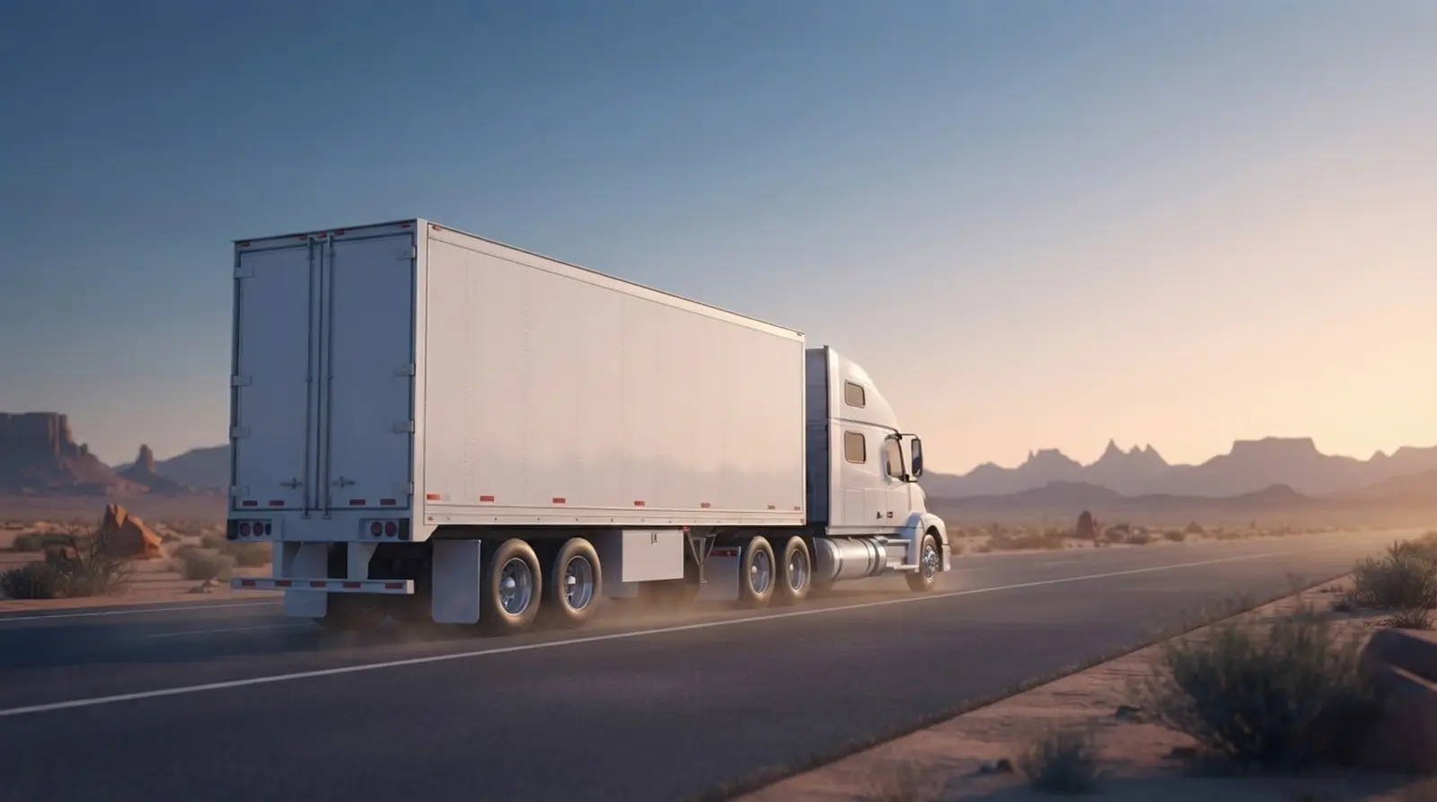A white reefer trailer running an empty desert interstate at first light